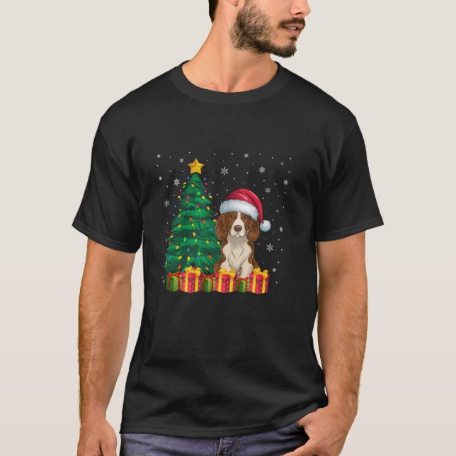 Camiseta Ugly Brittany Spaniel Santa Hat Luzes de Natal D (Frente)