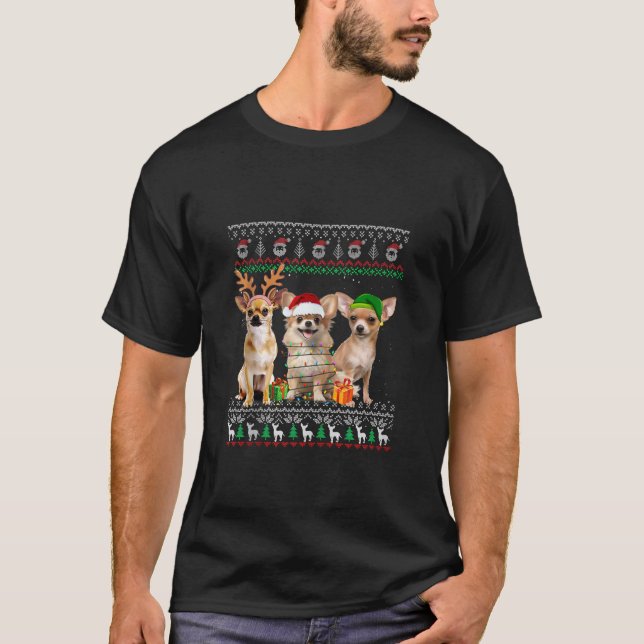 Camiseta Ugly Chihuahua Papais noeis Reindeer Elf Árvore de (Frente)
