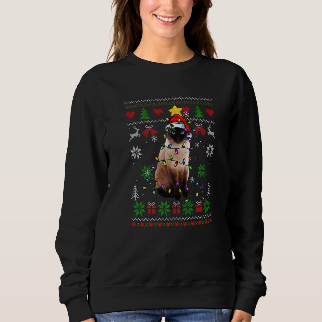 Camiseta Ugly Christmas Siamese Cat Lights Santa Hat (Frente)