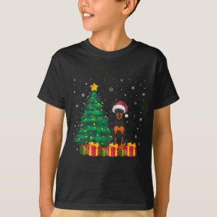 Camiseta Ugly Doberman Pinscher Santa Hat Luzes De Natal