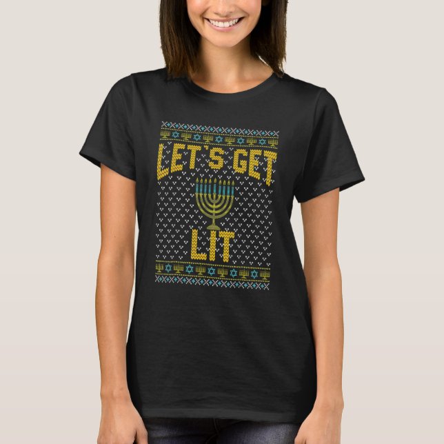 Camiseta Ugly Hanukkah Let's Get Lit Drinking (Frente)