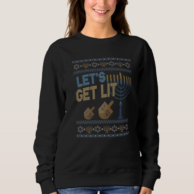 Camiseta Ugly Hanukkah Sweater Lets Get Lit Menorah (Frente)