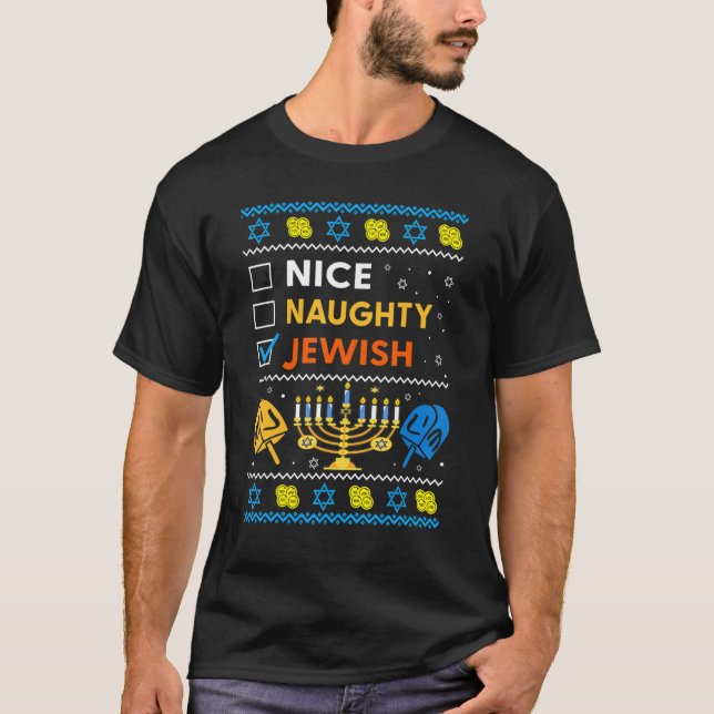 Camiseta Ugly Hanukkah Sweater Nice Naughty Jewish Kids Gir (Frente)