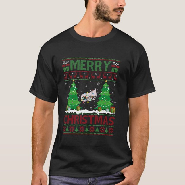 Camiseta Ugly Sweater Árvore de Natal Iluminação Tuba Ugly  (Frente)