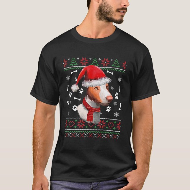 Camiseta Ugly Sweater Christmas Ibizan Hound Santa Hat Paja (Frente)
