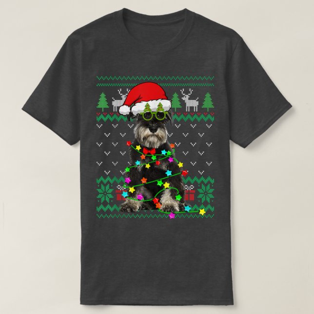 Camiseta Ugly Sweater Christmas Lights Schnauzer Dog Puppy  (Frente do Design)