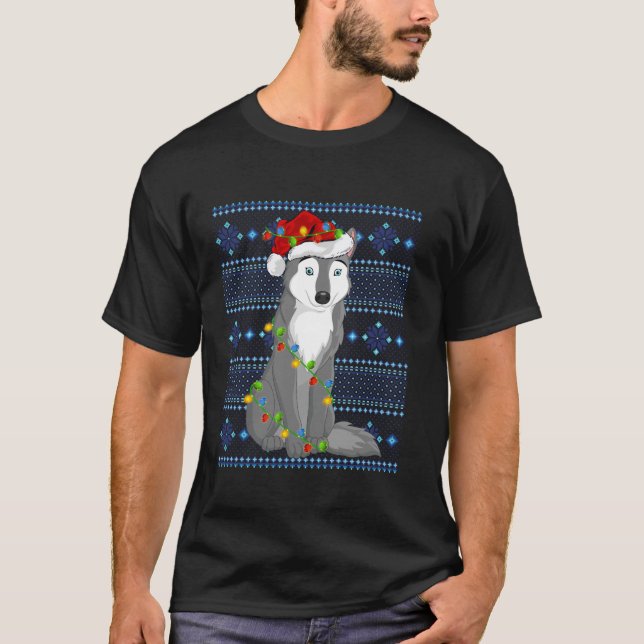Camiseta Ugly Sweater Holiday Wolf Xmas Lights Wolf Christm (Frente)