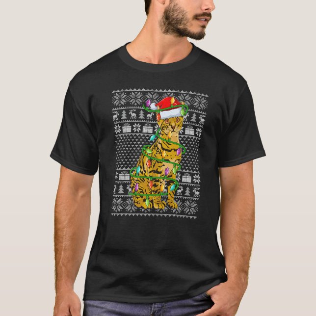 Camiseta Ugly Sweater Style Xmas Lights Santa Bengal Cat Ch (Frente)