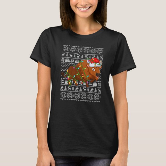 Camiseta Ugly Sweater Style Xmas Lights Santa Bison Christm (Frente)