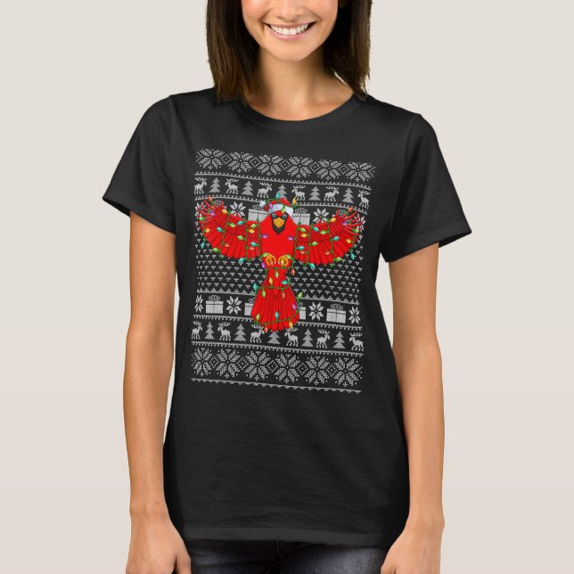 Camiseta Ugly Sweater Style Xmas Lights Santa Cardinal Bird (Frente)
