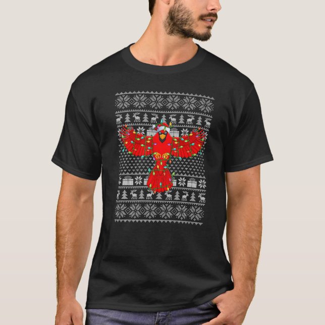 Camiseta Ugly Sweater Style Xmas Lights Santa Cardinal Bird (Frente)
