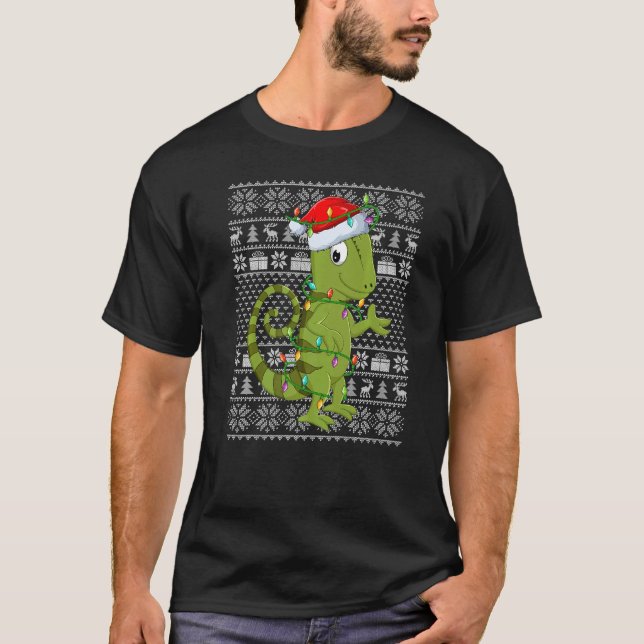 Camiseta Ugly Sweater Style Xmas Lights Santa Chameleon Chr (Frente)