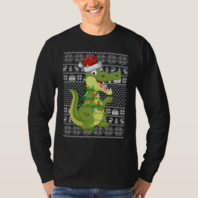 Camiseta Ugly Sweater Style Xmas Lights Santa Crocodile Chr (Frente)
