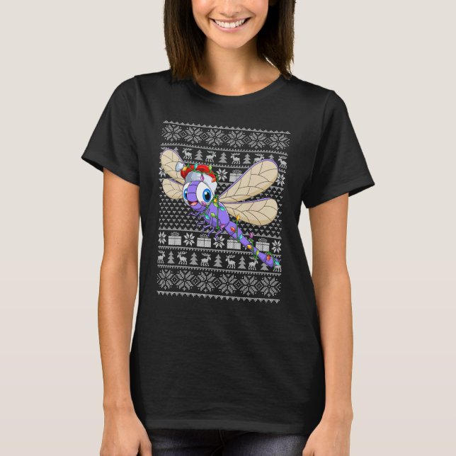 Camiseta Ugly Sweater Style Xmas Lights Santa Dragonfly Chr (Frente)