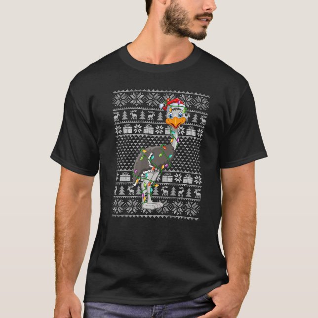 Camiseta Ugly Sweater Style Xmas Lights Santa Emu Bird Chri (Frente)