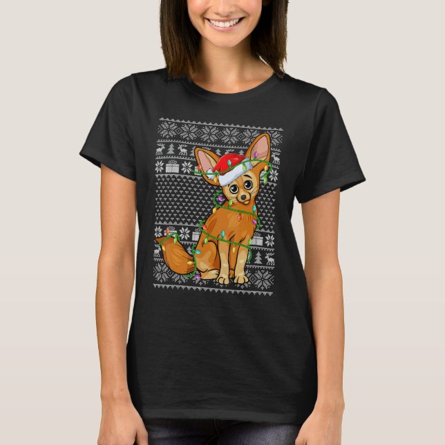 Camiseta Ugly Sweater Style Xmas Lights Santa Fennec Fox Ch (Frente)