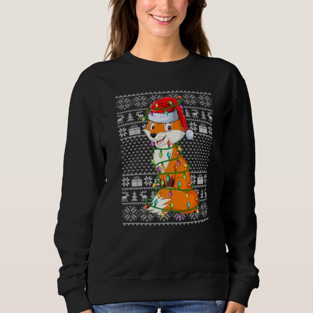 Camiseta Ugly Sweater Style Xmas Lights Santa Fox Christmas (Frente)
