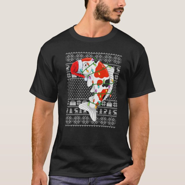 Camiseta Ugly Sweater Style Xmas Lights Santa Koi Fish Chri (Frente)