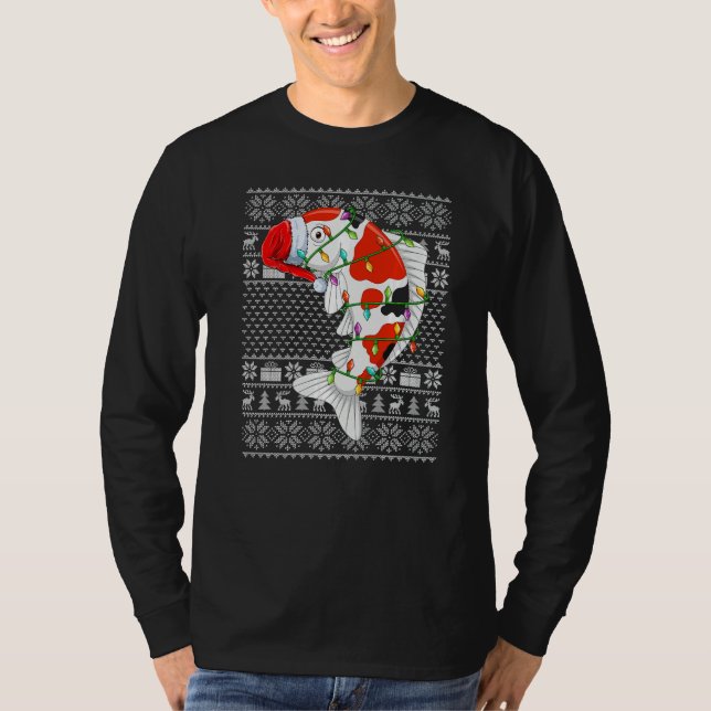 Camiseta Ugly Sweater Style Xmas Lights Santa Koi Fish Chri (Frente)