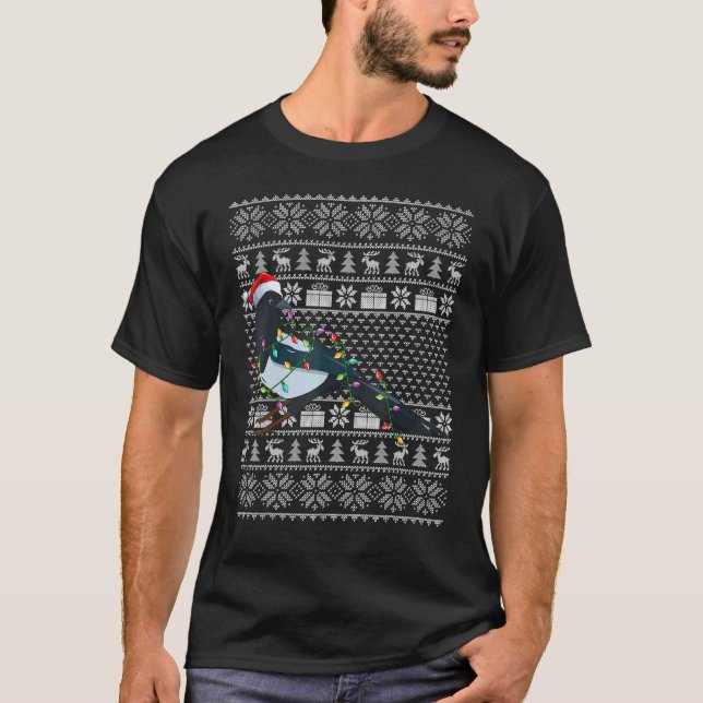 Camiseta Ugly Sweater Style Xmas Lights Santa Magpie Bird C (Frente)