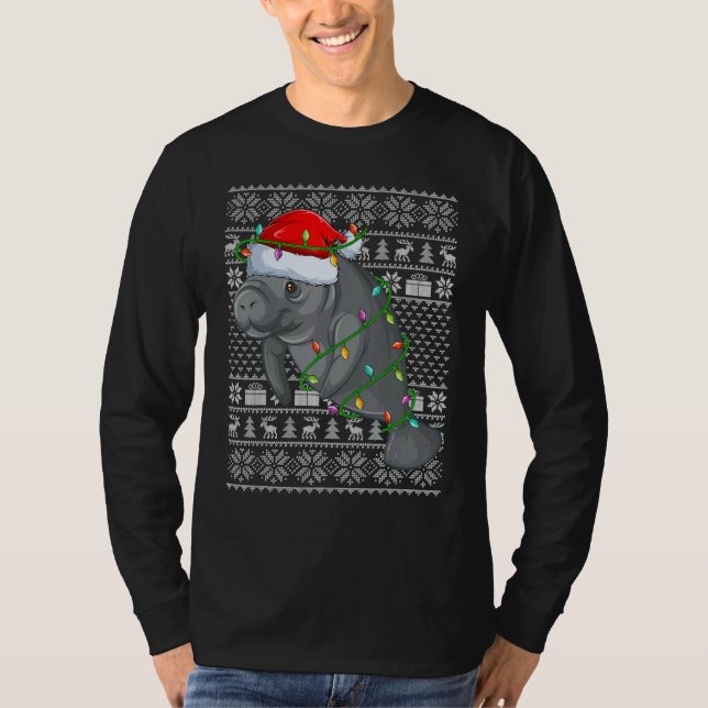 Camiseta Ugly Sweater Style Xmas Lights Santa Manatee Chris (Frente)