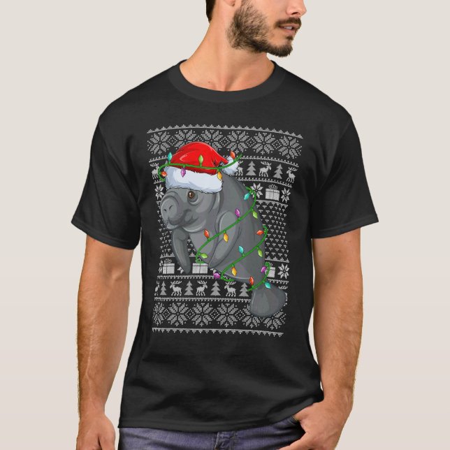 Camiseta Ugly Sweater Style Xmas Lights Santa Manatee Chris (Frente)