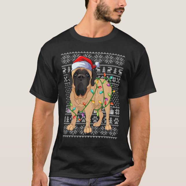 Camiseta Ugly Sweater Style Xmas Lights Santa Mastiff Dog C (Frente)