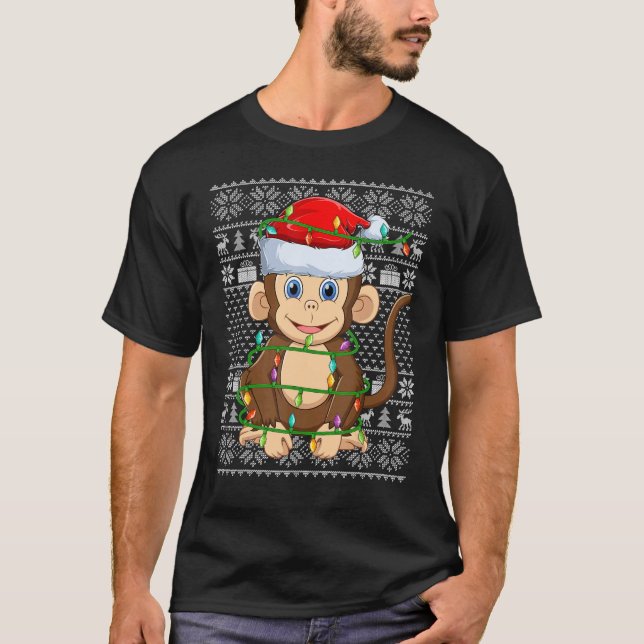 Camiseta Ugly Sweater Style Xmas Lights Santa Monkey Christ (Frente)