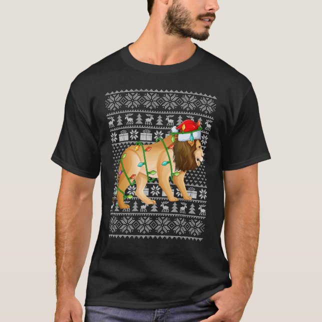 Camiseta Ugly Sweater Style Xmas Lights Santa Mountain Lion (Frente)