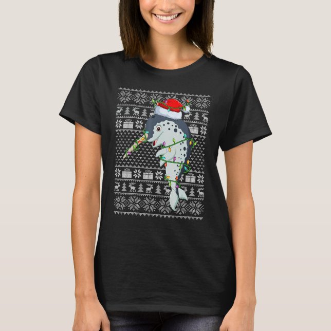Camiseta Ugly Sweater Style Xmas Lights Santa Narwhal Chris (Frente)