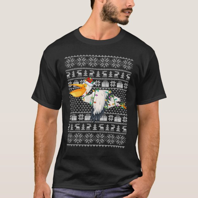Camiseta Ugly Sweater Style Xmas Lights Santa Pelican Bird  (Frente)