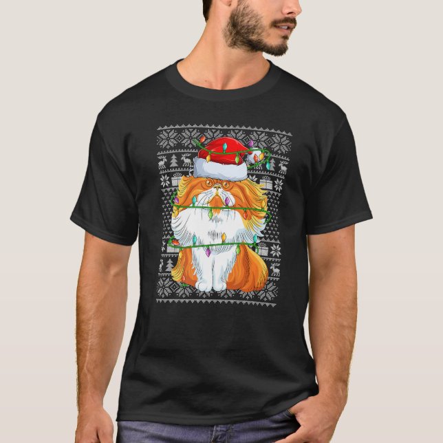 Camiseta Ugly Sweater Style Xmas Lights Santa Persian Cat C (Frente)