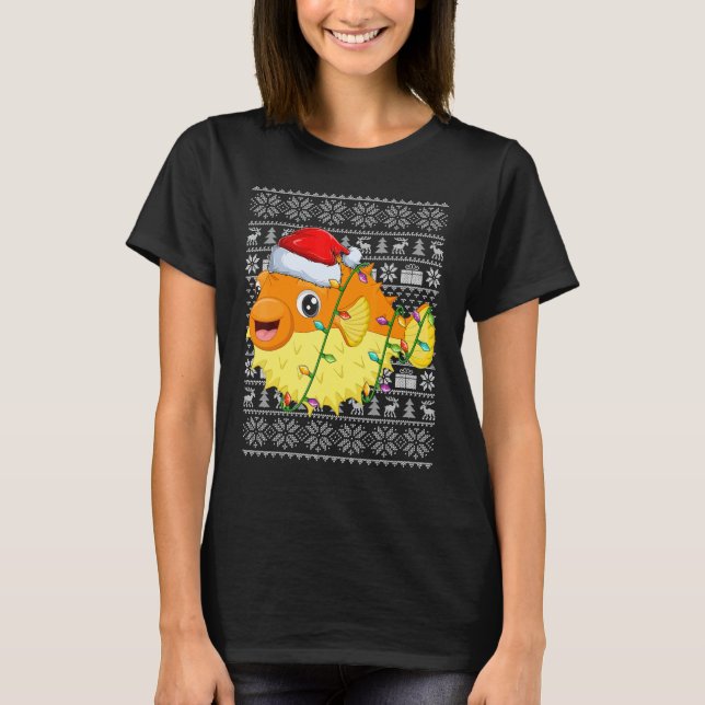 Camiseta Ugly Sweater Style Xmas Lights Santa Puffer Fish C (Frente)