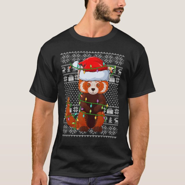 Camiseta Ugly Sweater Style Xmas Lights Santa Red Panda Chr (Frente)