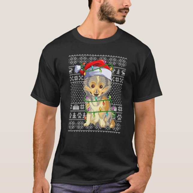 Camiseta Ugly Sweater Style Xmas Lights Santa Sheltie Dog C (Frente)