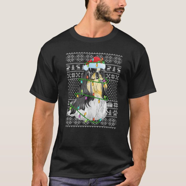 Camiseta Ugly Sweater Style Xmas Lights Santa Shih Tzu Dog  (Frente)