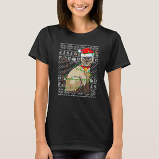 Camiseta Ugly Sweater Style Xmas Lights Santa Siamese Cat C