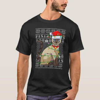 Camiseta Ugly Sweater Style Xmas Lights Santa Siamese Cat C
