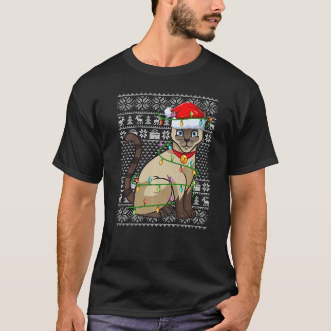 Camiseta Ugly Sweater Style Xmas Lights Santa Siamese Cat C (Frente)