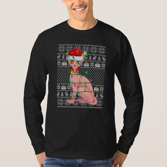 Camiseta Ugly Sweater Style Xmas Lights Santa Sphynx Cat Ch (Frente)