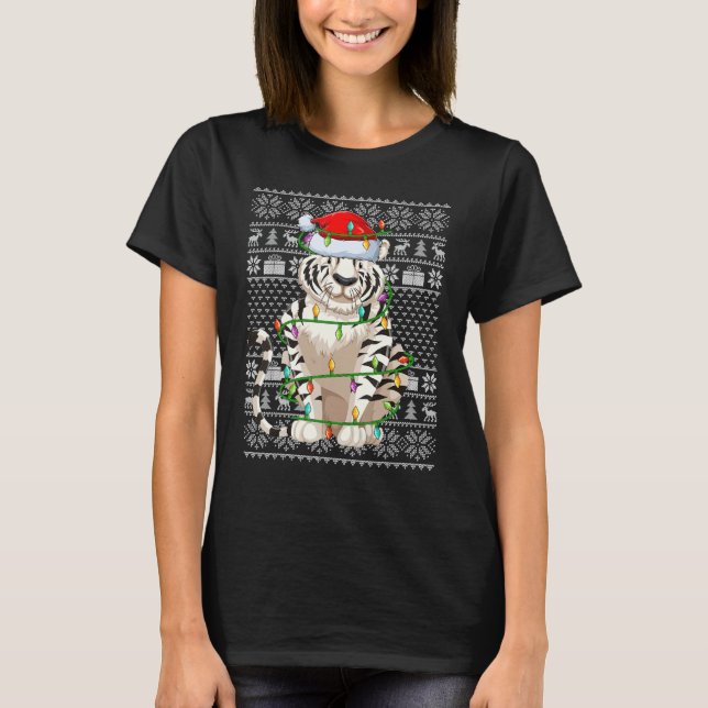Camiseta Ugly Sweater Style Xmas Lights Santa White Tiger C (Frente)