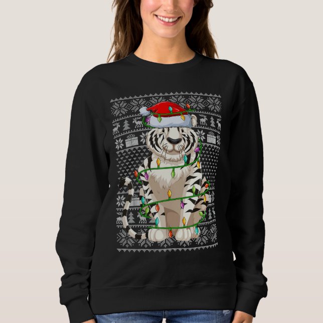 Camiseta Ugly Sweater Style Xmas Lights Santa White Tiger C (Frente)
