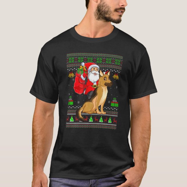 Camiseta Ugly Xmas Santa Riding German Shepherd Dog Christm (Frente)