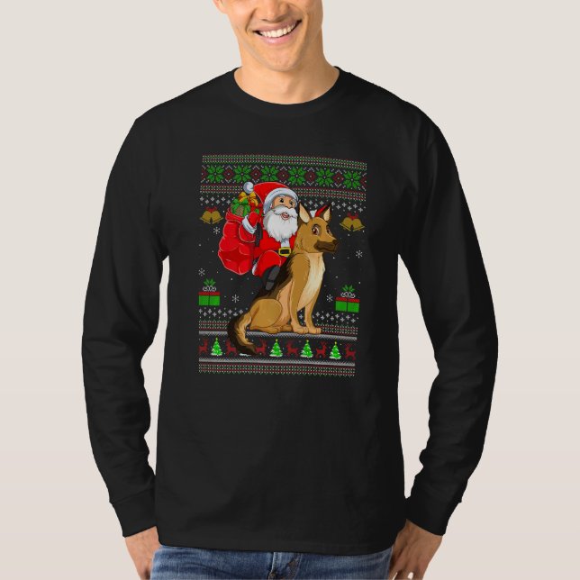 Camiseta Ugly Xmas Santa Riding German Shepherd Dog Christm (Frente)