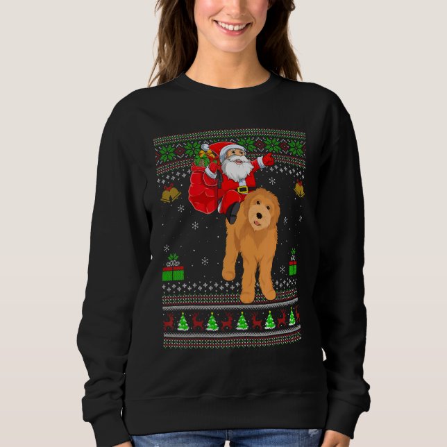 Camiseta Ugly Xmas Santa Riding Goldendoodle Dog Christmas (Frente)