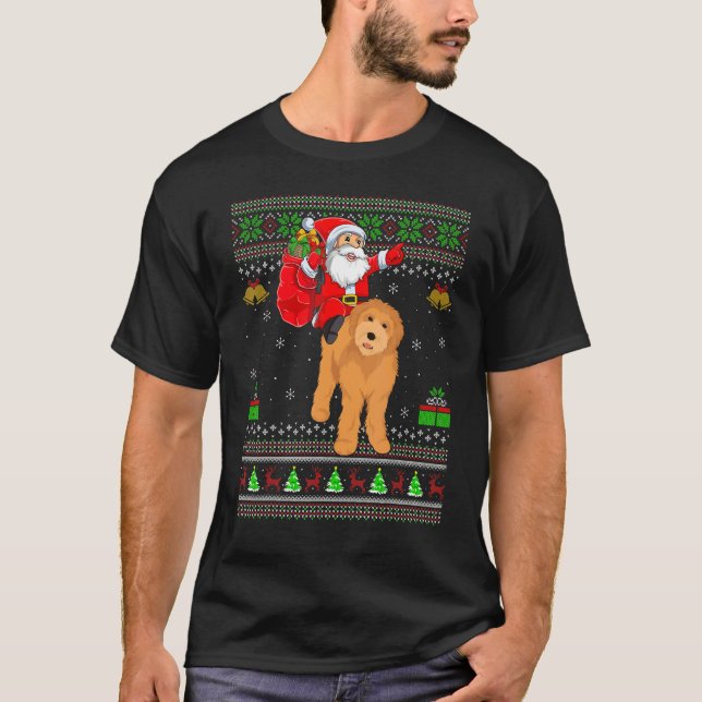 Camiseta Ugly Xmas Santa Riding Goldendoodle Dog Christmas (Frente)