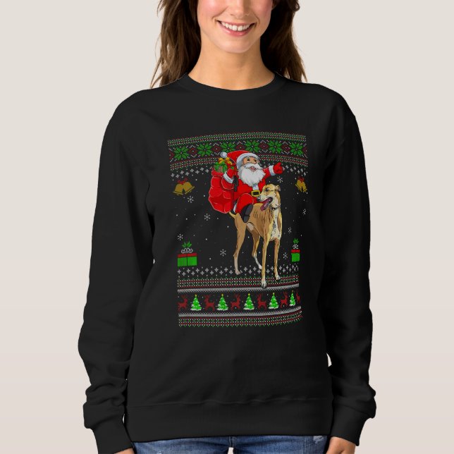 Camiseta Ugly Xmas Santa Riding Greyhound Dog Christmas (Frente)