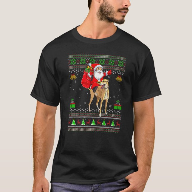 Camiseta Ugly Xmas Santa Riding Greyhound Dog Christmas (Frente)