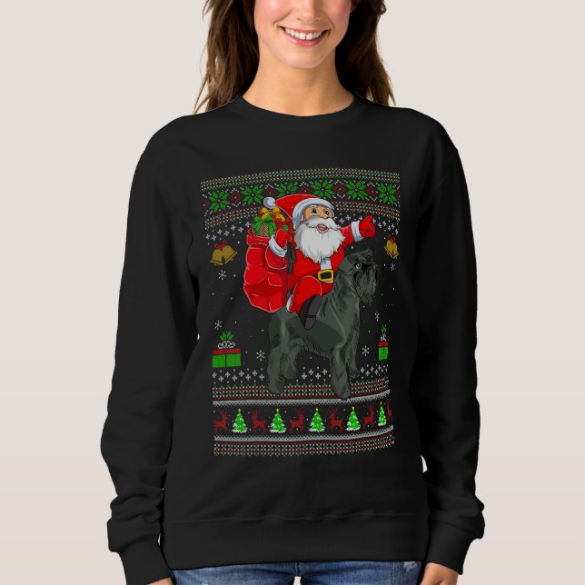 Camiseta Ugly Xmas Santa Riding Miniature Schnauzer Dog Chr (Frente)