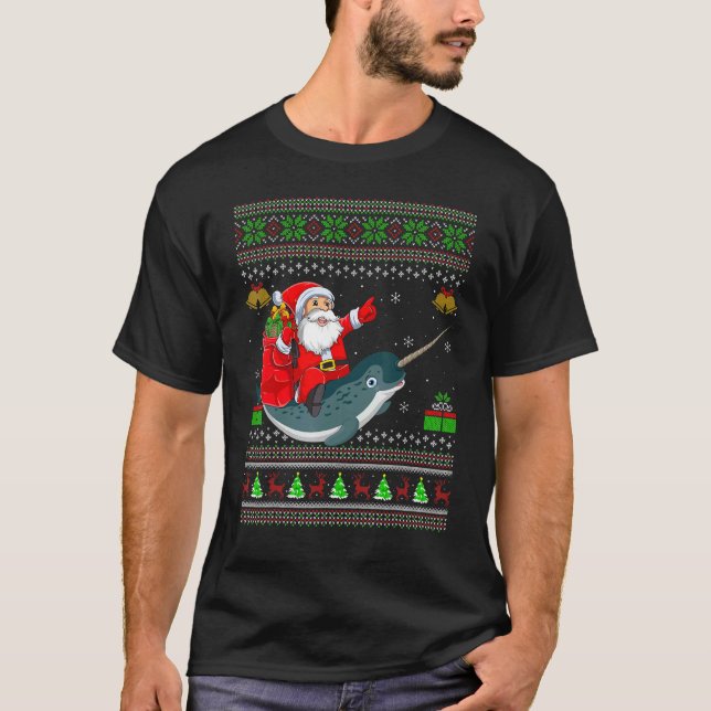 Camiseta Ugly Xmas Santa Riding Narwhal Christmas (Frente)